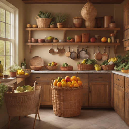 A warm, rustic kitchen with a mix of wicker and wooden baskets in various shapes and sizes, arranged on open shelves, hanging from hooks, and placed on countertops, filled with fresh fruits and vegetables.