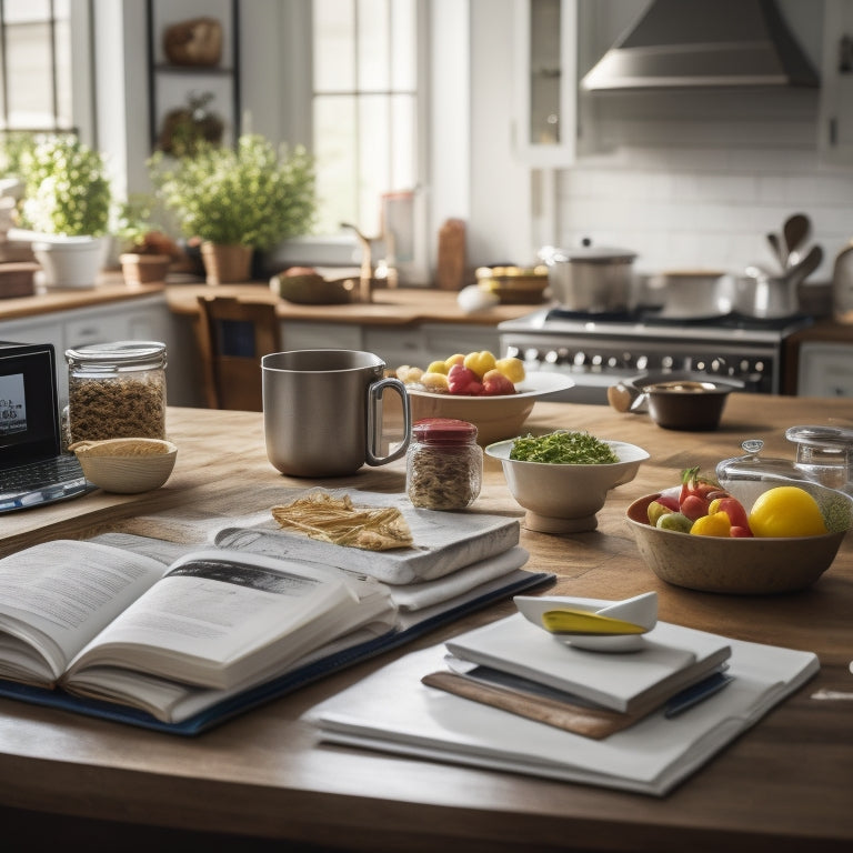 A cluttered kitchen counter with scattered recipe books, utensils, and ingredients, contrasted with a clean and organized space in the background featuring a laptop with a meal planning template on the screen.