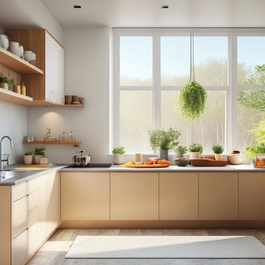 A bright, modern kitchen with a minimalist aesthetic, featuring a organized utensil holder, a tidy spice rack, and a few sleek, empty countertops, illuminated by natural light streaming through a large window.