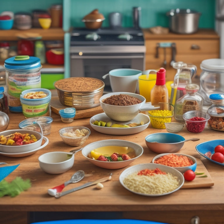 A cluttered kitchen counter with scattered keto diet books, expired ingredients, and broken Tupperware, surrounded by a chaotic mix of measuring cups, utensils, and crumpled up meal plans.