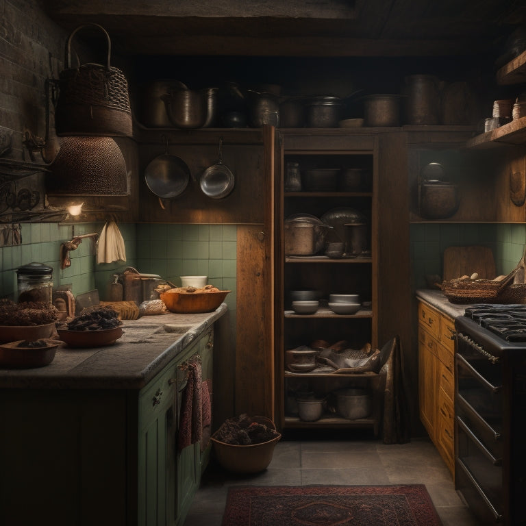 A dimly lit kitchen with worn wooden cabinets, one door slightly ajar, revealing a cluttered, cramped space with expired food, dusty cookbooks, and forgotten kitchen gadgets strewn about in disarray.