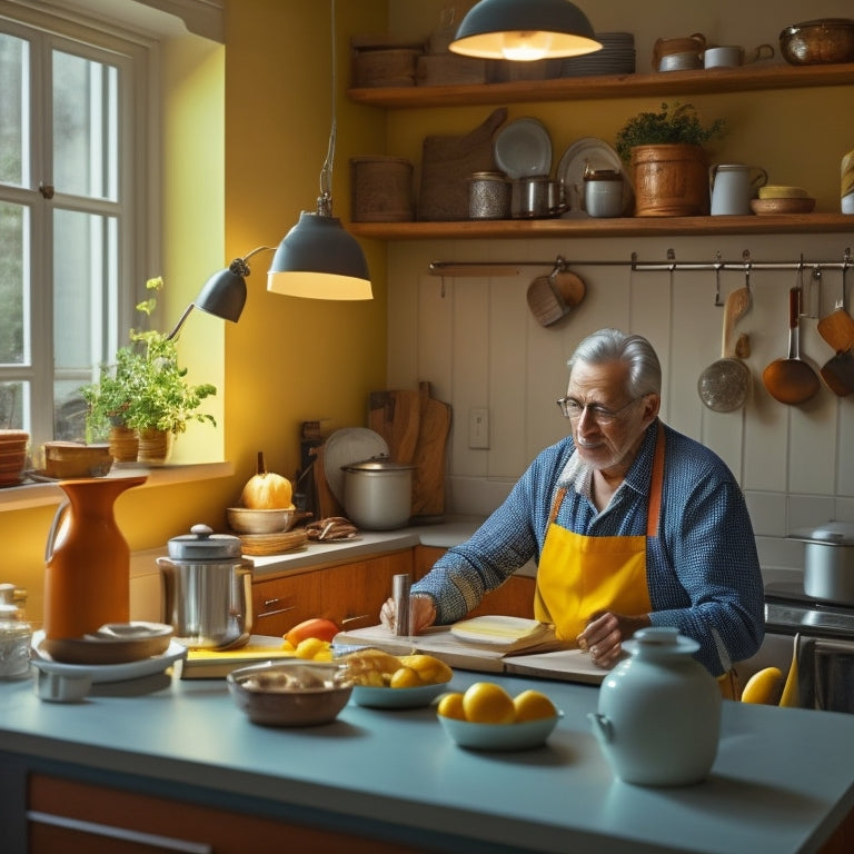 A serene, well-lit kitchen with minimal counterspace, featuring a senior adult in their 60s with grey hair, wearing a yellow apron, surrounded by organized utensils and cookbooks, with a laptop open in the background.