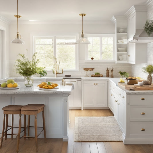 A bright, airy kitchen with sleek white cabinets, a clutter-free island, and a few strategically placed decorative items, surrounded by a subtle warm glow, evoking a sense of organized tranquility.