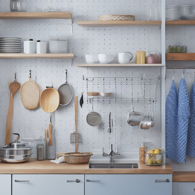 A tidy kitchen with a mix of open and closed storage solutions, featuring a pegboard with hanging utensils, a utensil organizer near the sink, and a pull-out pantry with baskets and canisters.