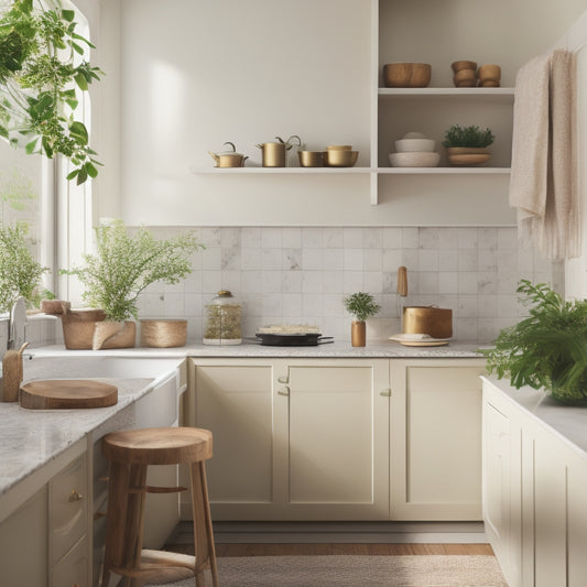 A serene kitchen with a minimalist aesthetic: warm wood tones, creamy whites, and soft gold accents, featuring a tidy island, a few carefully placed cookbooks, and a single, lush green plant.