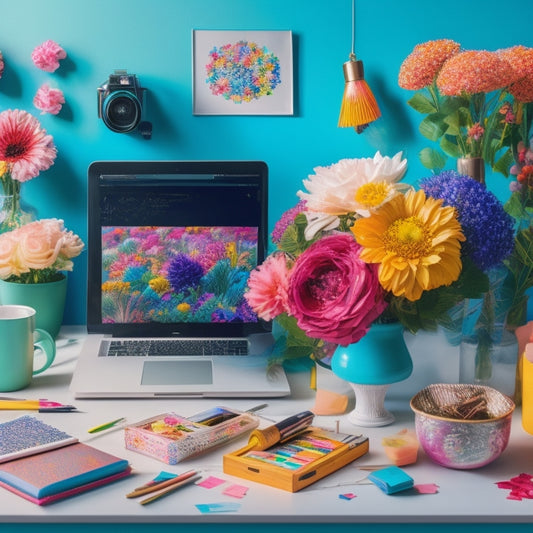 A vibrant and modern illustration featuring a creative workspace with a laptop, colorful papers, and art supplies, surrounded by blooming flowers and confetti, with a subtle background of Etsy-like marketplace icons.