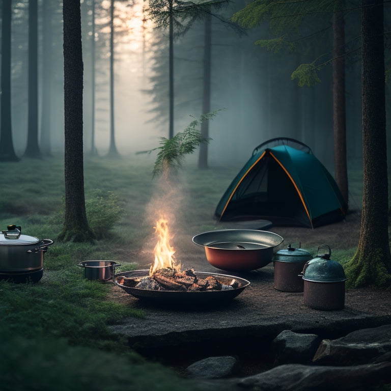 A serene forest campsite at dawn, with a sizzling skillet on a portable grill, surrounded by utensils, a Dutch oven, and a camping stove, amidst lush greenery and a misty atmosphere.