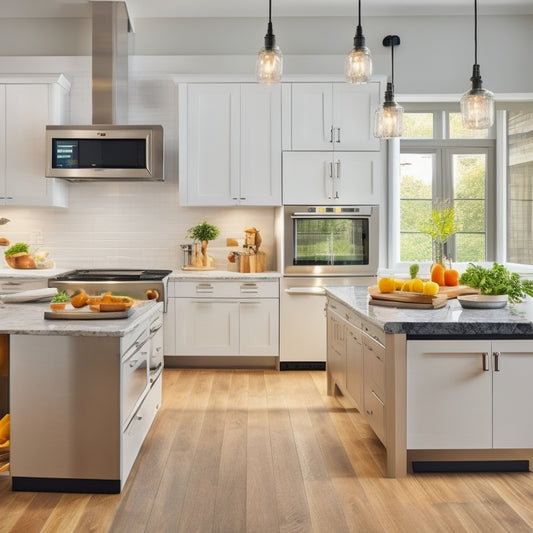 A bright, modern kitchen with a large island and sleek appliances, featuring a laptop open to a cooking class website on the counter, surrounded by utensils and a few ingredients.