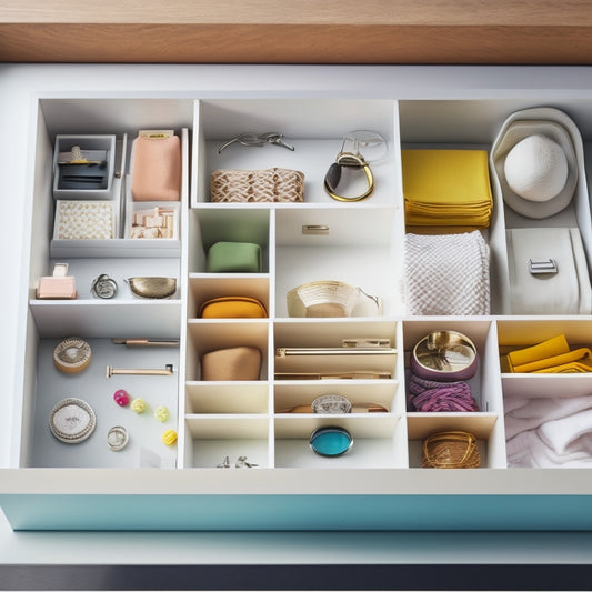 A tidy, white, wooden drawer with divided compartments, containing various household items like folded clothes, jewelry, and office supplies, arranged in a harmonious and colorful way.