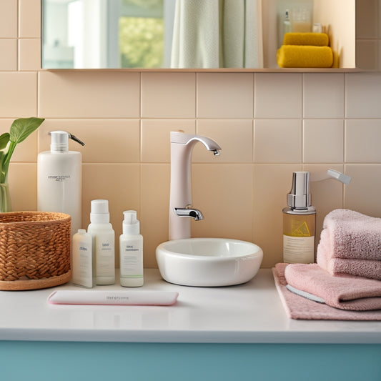 A tidy bathroom sink area with a HapiRm Sink Organizer installed, featuring a soap dispenser, toothbrush holder, and sponge tray, surrounded by neatly arranged toiletries and a subtle, soft-focus background.