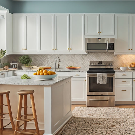 A bright, modern kitchen with sleek white cabinets, a large island with built-in drawers, and a backsplash featuring a geometric pattern in shades of gray and white, surrounded by minimalist decor.