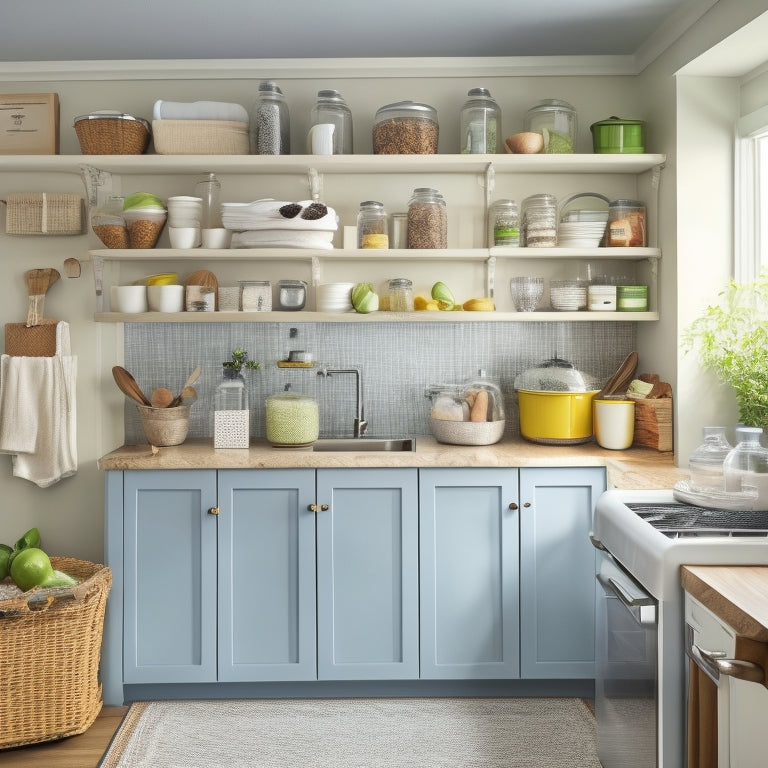 A cluttered kitchen with cramped countertops, messy utensil holders, and a jumbled pantry, transformed into a serene, organized space with sleek shelves, a utensil organizer, and a trash can with a built-in recycling bin.