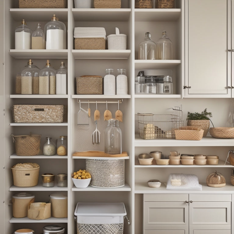 A tidy pantry with adjustable shelves, labeled baskets, and a pegboard with hanging utensils, set against a calming light gray or cream background, with warm golden lighting.