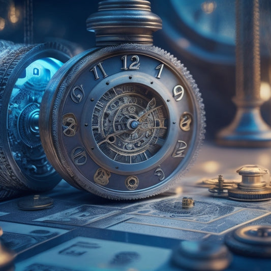 A maze with a dollar sign at its center, surrounded by clocks and gears, with a few broken clocks and tangled gears to represent overbilling traps, and a glowing light at the top guiding towards a scalable solution.