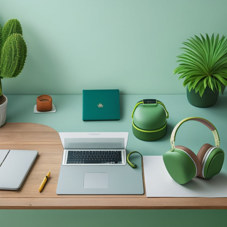 A minimalist illustration featuring a calm, organized desk with a sleek laptop, a pair of wireless headphones, and a few carefully arranged notebooks, surrounded by a subtle, soothing green background.