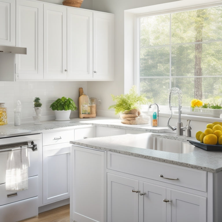 A bright white kitchen with gleaming quartz countertops, spotless sink, and a few strategically placed cleaning products, surrounded by natural light and a subtle hint of a tidy living area in the background.