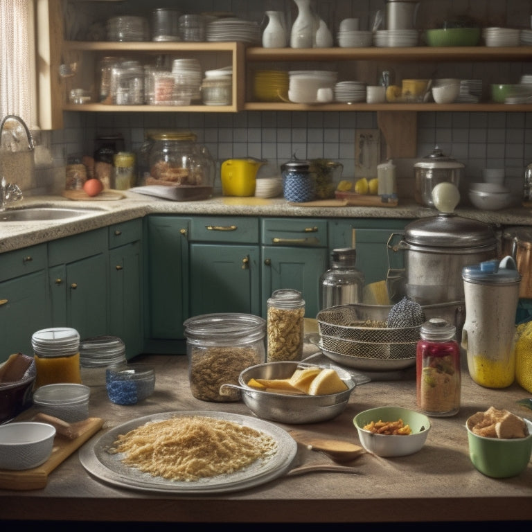 A cluttered kitchen countertop with piles of dirty dishes, expired food containers, and tangled kitchen utensils, surrounded by a messy backdrop of open cabinets and a trash can overflowing with garbage.