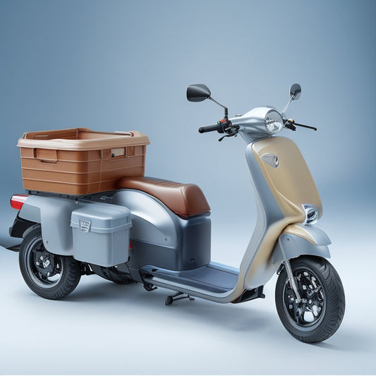 An illustration of a Honda Ruckus Scooter with a custom storage compartment attached to the rear, featuring a toolbox, helmet holder, and storage bins, set against a clean white background.