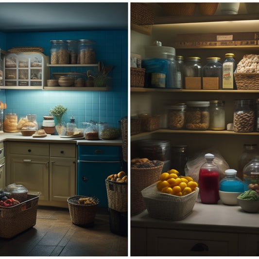 A split-screen image: a cluttered, dimly lit pantry with expired food and a organized, well-lit pantry with airtight containers, baskets, and a calendar on the wall.
