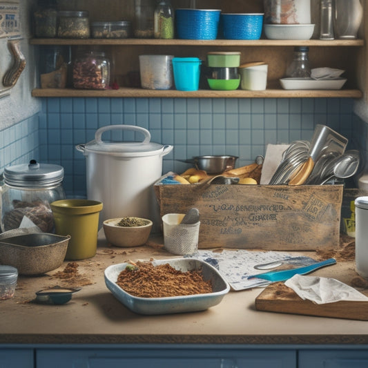 A cluttered kitchen drawer overflowing with tangled utensils, crumpled recipe papers, and mismatched containers, with a few stray crumbs and spills, surrounded by a few calm, organized drawers in the background.