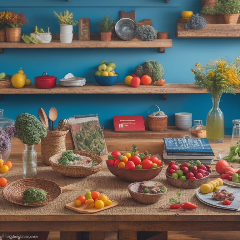 A bright and colorful kitchen scene with a large, wooden table in the center, surrounded by open cookbooks, a laptop, and a few fresh vegetables, with a subtle background of a calendar or planner.