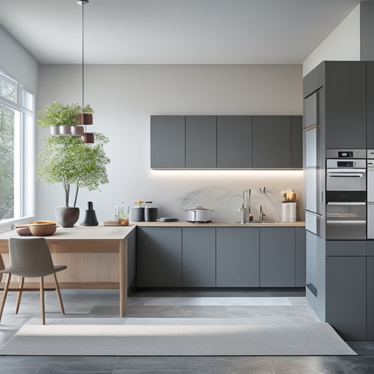 A minimalist, modern kitchen with a compact island, foldable table, and retractable ceiling storage, surrounded by sleek, handle-less cabinets and a wall-mounted pot rack.