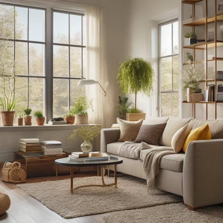 An organized living room with a few, carefully selected decorative items, a minimalist bookshelf, and a stylish storage ottoman, surrounded by natural light pouring in through large windows.