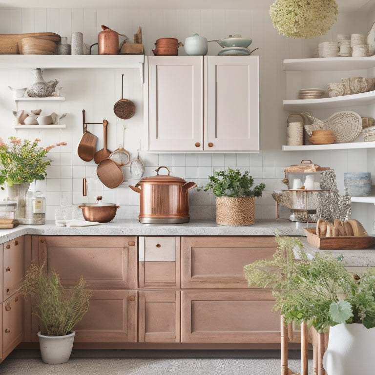 A bright, airy kitchen with refinished cabinet doors transformed into open shelving, showcasing a mix of vintage and modern decorative items, including a distressed vase, a copper kettle, and a few leather-bound books.