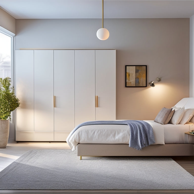 A modern, minimalist bedroom with a sleek, white Aegis Queen Murphy Bed against a gray wall, surrounded by a plush area rug, and illuminated by a floor lamp with a unique, curved design.