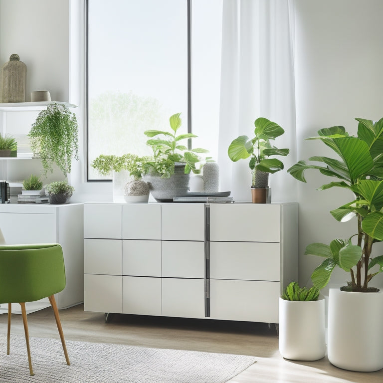 A bright, airy, modern living room with a sleek, minimalist desk, a few neatly labeled storage bins, and a few perfectly placed, lush green plants, surrounded by ample negative space.