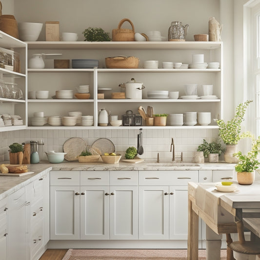 A clutter-free kitchen with a mix of open shelves, cabinets, and drawers, featuring a pull-out pantry, a utensil organizer, and a hanging pot rack, lit by soft natural light.