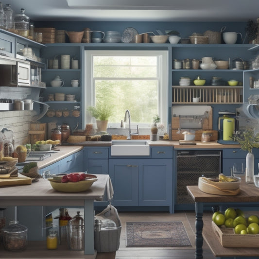 A chaotic kitchen scene with countertops cluttered with appliances, utensils, and cookbooks, and a jumbled mix of open cabinets and drawers, contrasting with a sleek, modern pull-out pantry and organized shelves in the background.