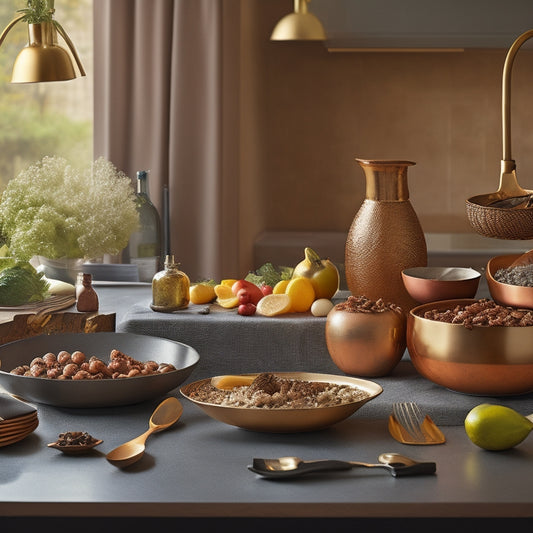 A warm, golden-lit kitchen scene featuring a sleek, modern chef's table, adorned with artisanal utensils, fresh produce, and a majestic, juicy roast, surrounded by elegant, minimalist decor.