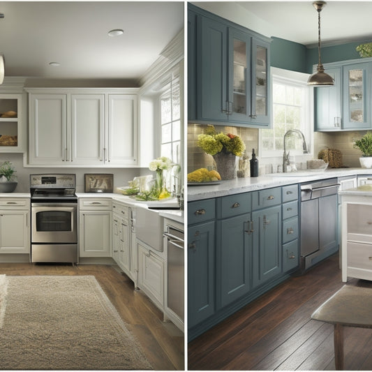 A before-and-after split-screen image: worn, outdated kitchen cabinets with peeling paint and hardware on the left, and refinished, modernized cabinets with sleek hardware and a fresh finish on the right.