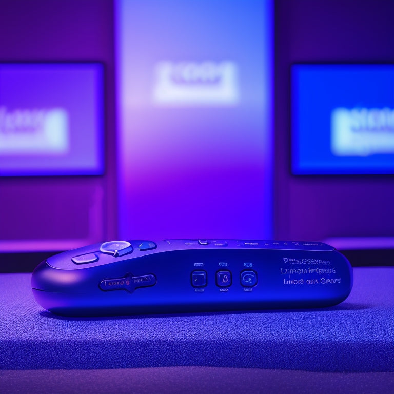 A dimly lit, sleek black Roku remote control with subtle blue accents, surrounded by scattered TV screens displaying various interface options, with glowing neon lines and circuits visible beneath the surface.