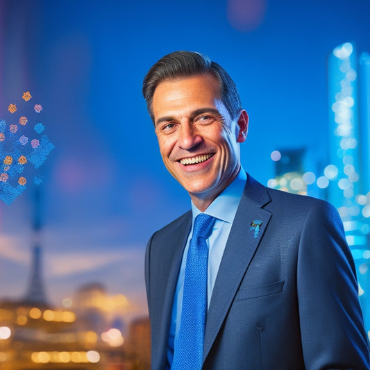 A professional, smiling Serge Léon in a sleek business suit, standing in front of a large, illuminated LinkedIn logo, surrounded by ascending graphs and confetti, with a cityscape at dusk in the background.