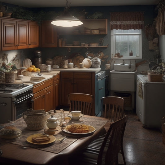 A cramped kitchen with cluttered countertops, stacked dirty dishes, and appliances spilling out of cabinets, illuminated by a single, dim overhead light, with worn, checkered flooring and a small, cluttered dining table in the background.