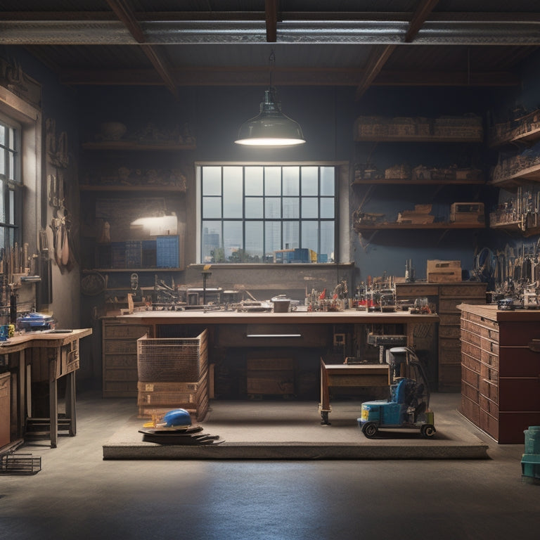 A clutter-free workshop background with a central, well-lit workbench holding a disassembled product, surrounded by organized toolboxes, diagrams, and spare parts, with a subtle hint of a cityscape outside.