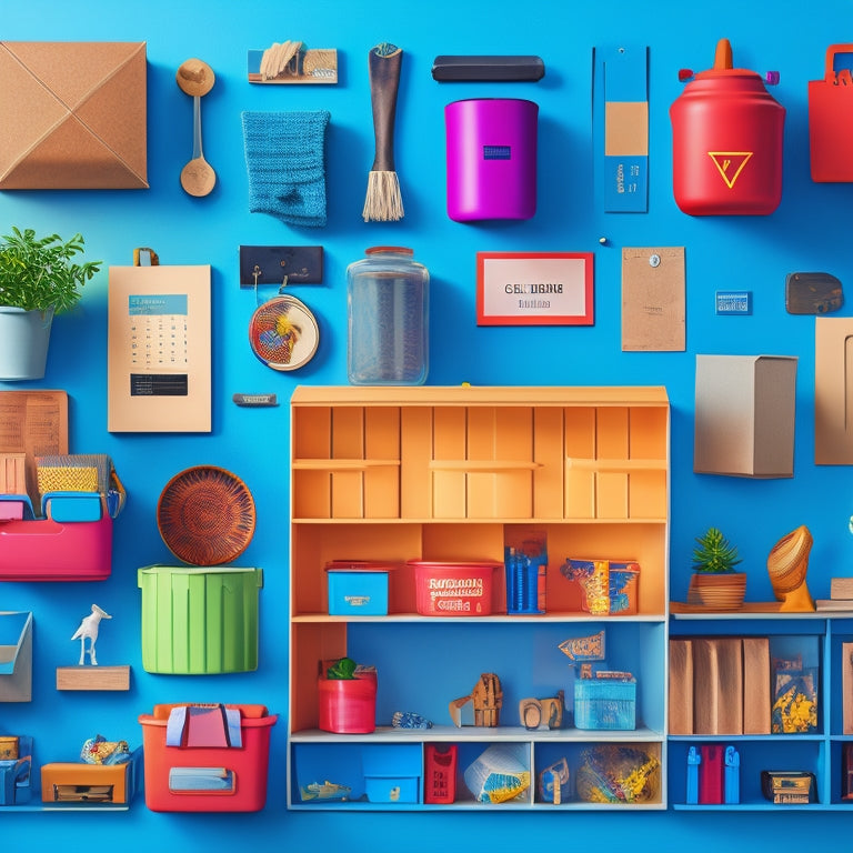 A colorful, organized illustration of a newly moved-in home, with a few boxes still unpacked, and various icons scattered around, including a toolbox, a paint can, a cleaning caddy, and a calendar.