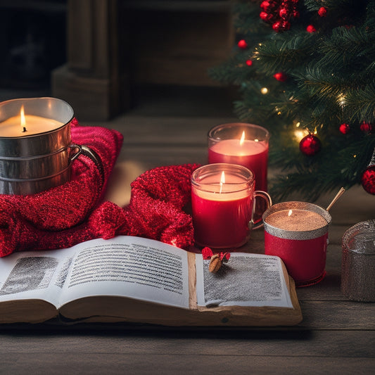 A festive holiday scene with a wrapped e-reader, surrounded by scattered ebooks on a snowy wooden table, adorned with candles, holly, and a steaming mug of hot cocoa.