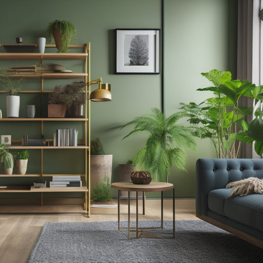 A serene, well-lit living room with a minimalist aesthetic, featuring a sleek, wall-mounted shelving unit, a tidy coffee table, and a vibrant green potted plant on a neatly arranged bookshelf.