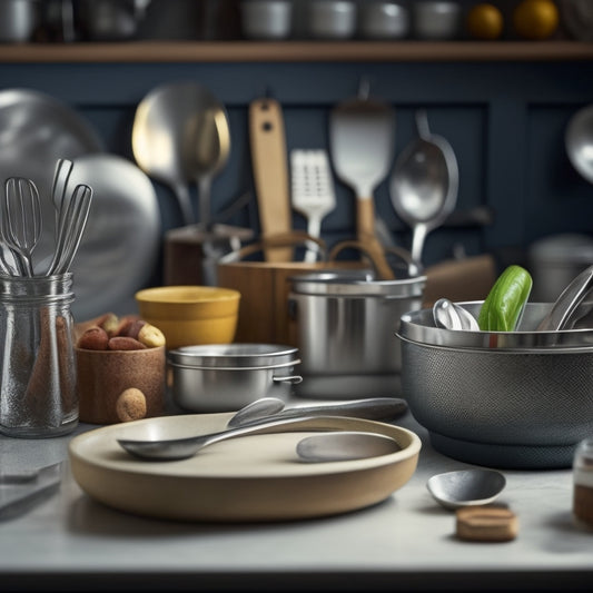 A cluttered kitchen counter with utensils scattered around, a few utensil holders in disarray, and a few utensils tangled together, contrasted with a tidy utensil organizer in the background.