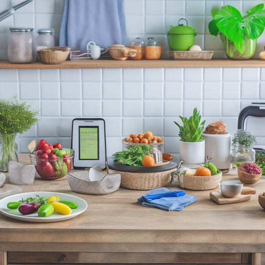 A clutter-free kitchen counter with a few strategically placed smartphones, a tablet, and a laptop, surrounded by healthy ingredients, partially prepared meals, and a few kitchen utensils, with a subtle clock in the background.