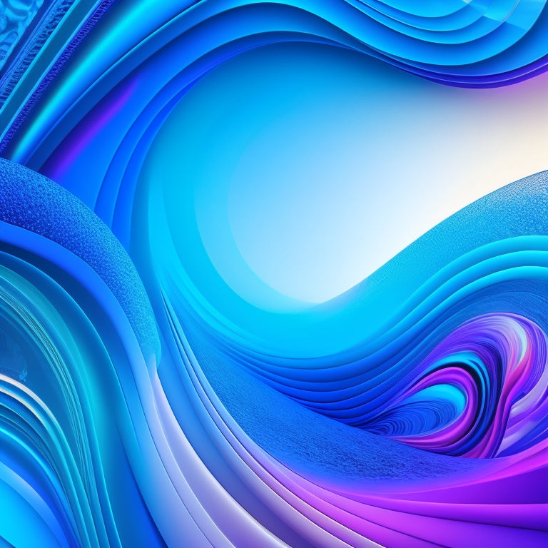 A colorful, abstract illustration featuring swirling patterns of digital code, creative design elements, and a subtle hint of a download icon, set against a bright, gradient blue background.