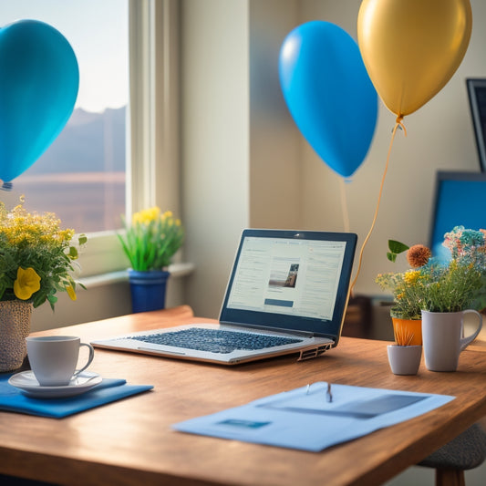 A serene, organized desk with a laptop, a neatly stacked pile of edited manuscript pages, a cup of steaming coffee, and a few celebratory balloons tied to the back of the chair.