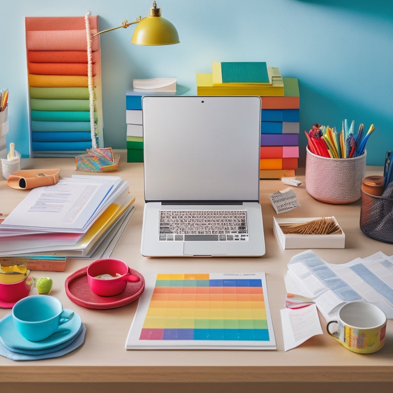 A colorful, cluttered desk transforms into an organized workspace, with a laptop and cup of coffee surrounded by neatly labeled folders, binders, and a rainbow of printables, overflowing from a decorative basket.