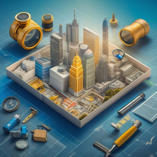 A stylized illustration of a contractor's toolbox overflowing with SEO-related tools, such as a magnifying glass, a compass, and a ladder, set against a cityscape background with rising graphs and charts.