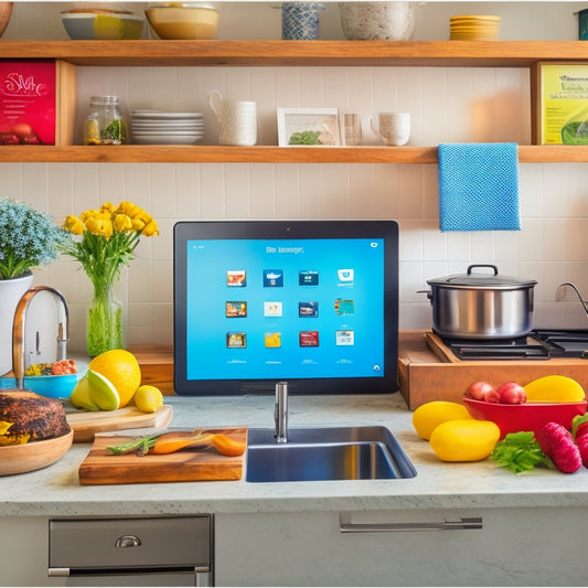 A bright, modern kitchen with a large, touchscreen tablet on the counter, surrounded by utensils, cookbooks, and a few open recipe tabs, with a tidy, labeled pantry in the background.