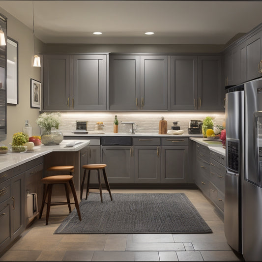 A well-lit, modern kitchen with various cabinet styles and finishes on display, featuring a laptop on the counter playing a video on kitchen design, surrounded by cabinet samples and design books.