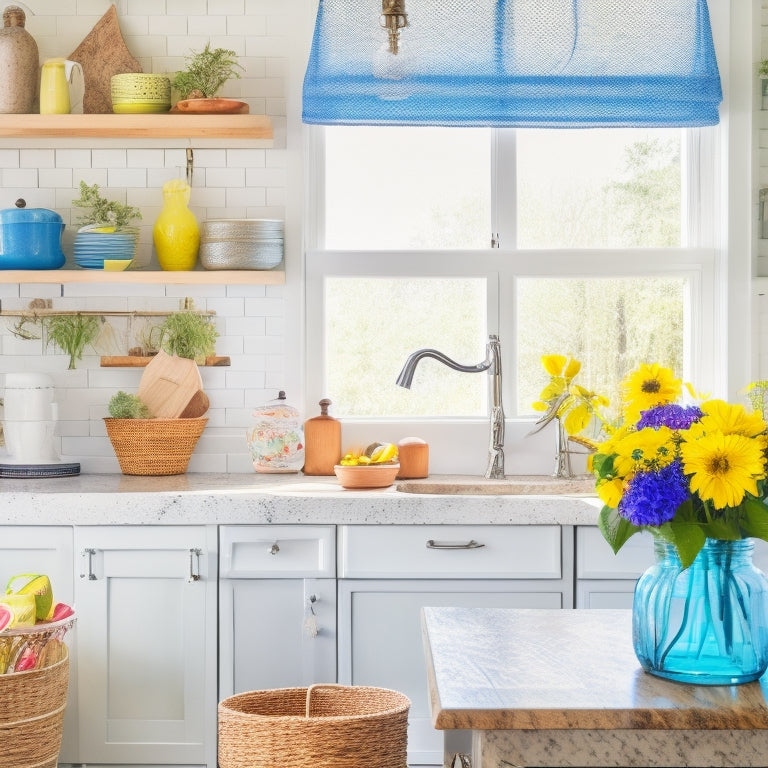 A bright and airy kitchen with a mix of repurposed dollar store items: a vase-turned-pen-holder on a rustic wooden countertop, a mason jar chandelier, and colorful ceramic tiles as a backsplash.